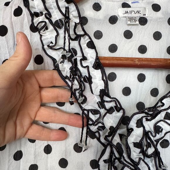 Y2K Jaipur White Black Polka Dot Ruffle Beaded 3-D Floral Applique Blouse Size M - Picture 3 of 11
